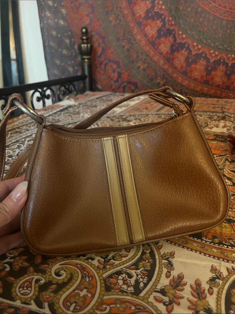 Brown Mini Shoulder Bag with Cream Center Stripe